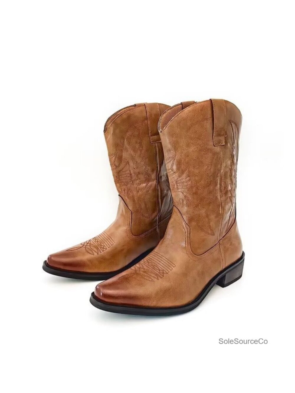 Men's Western Cowboy Boots Pointed Toe Embroidered Slip On PU Ankle Boots